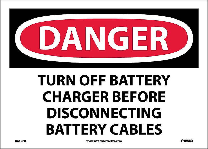 Danger Labels, Turn Off Battery Charger Before Disconnecting Battery Cables, 10" x 14", Adhesive Vinyl