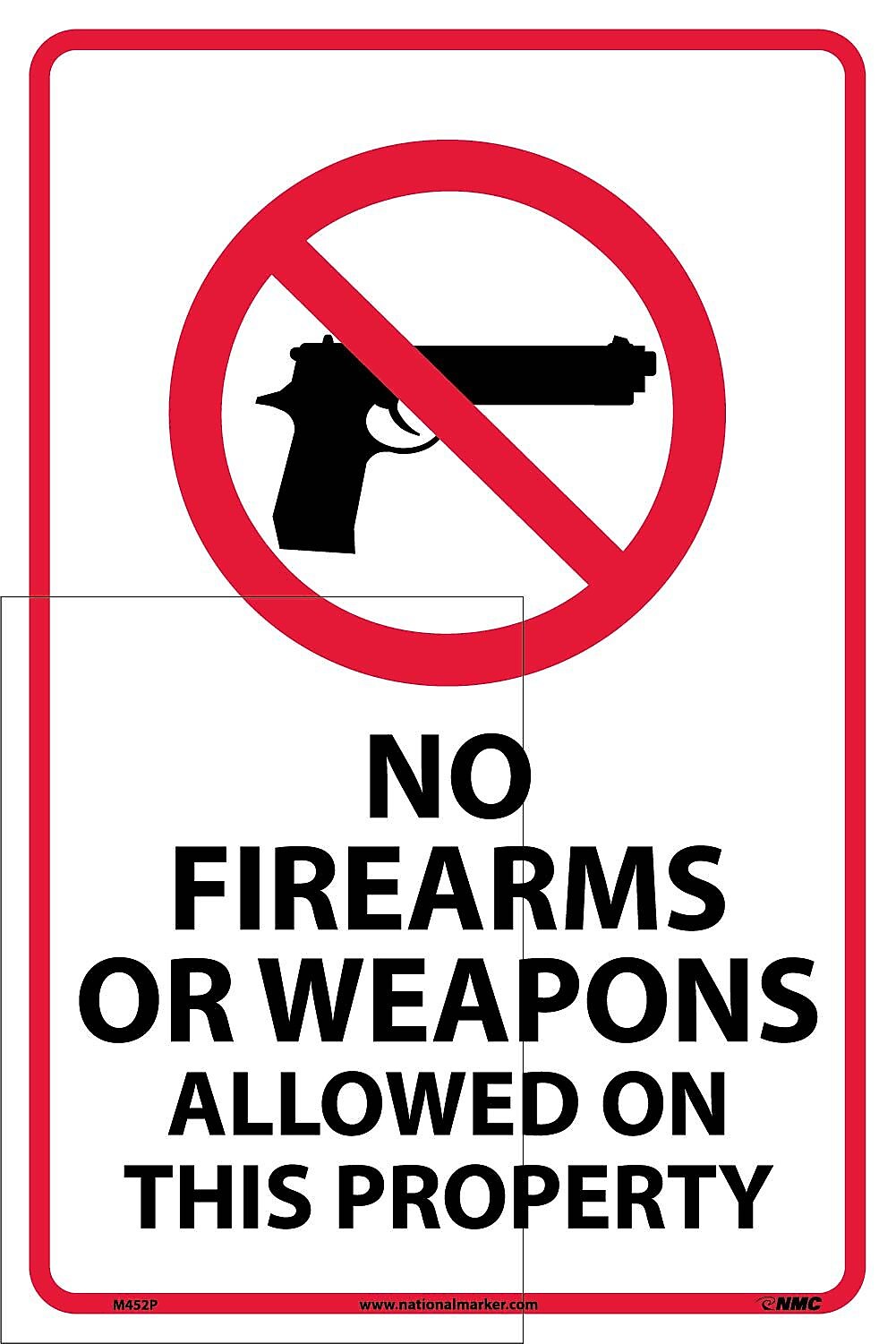 National Marker "No Firearms Or Weapons Allowed On This Property" Adhesive Sign Label, 18" x 12" (M452P)
