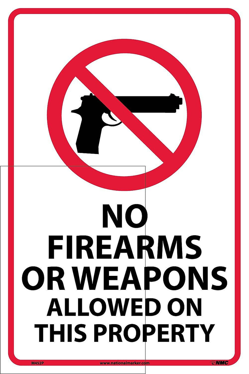 National Marker "No Firearms Or Weapons Allowed On This Property" Adhesive Sign Label, 18" x 12" (M452P)