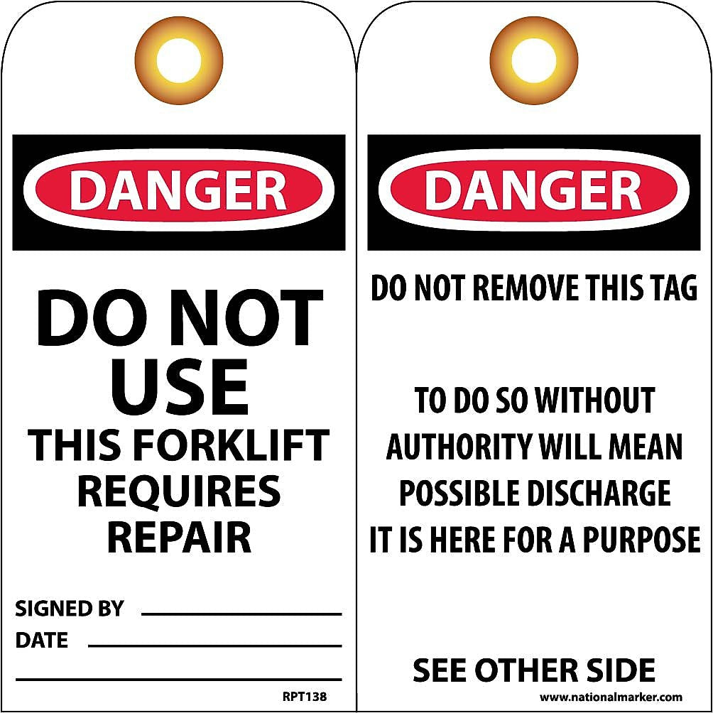 National Market Accident Prevention Tags "Do Not Use This Forklift Requires Repair," 6" x 3", 25 Tags/Pack, 1/Pack (RPT138G)