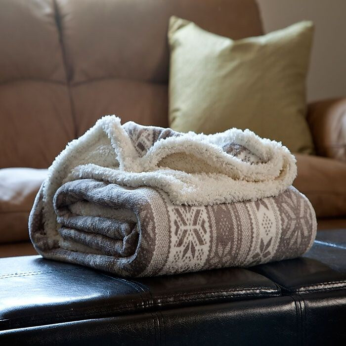 Lavish Home Fleece Sherpa Blanket Throw, Gray Snowflakes