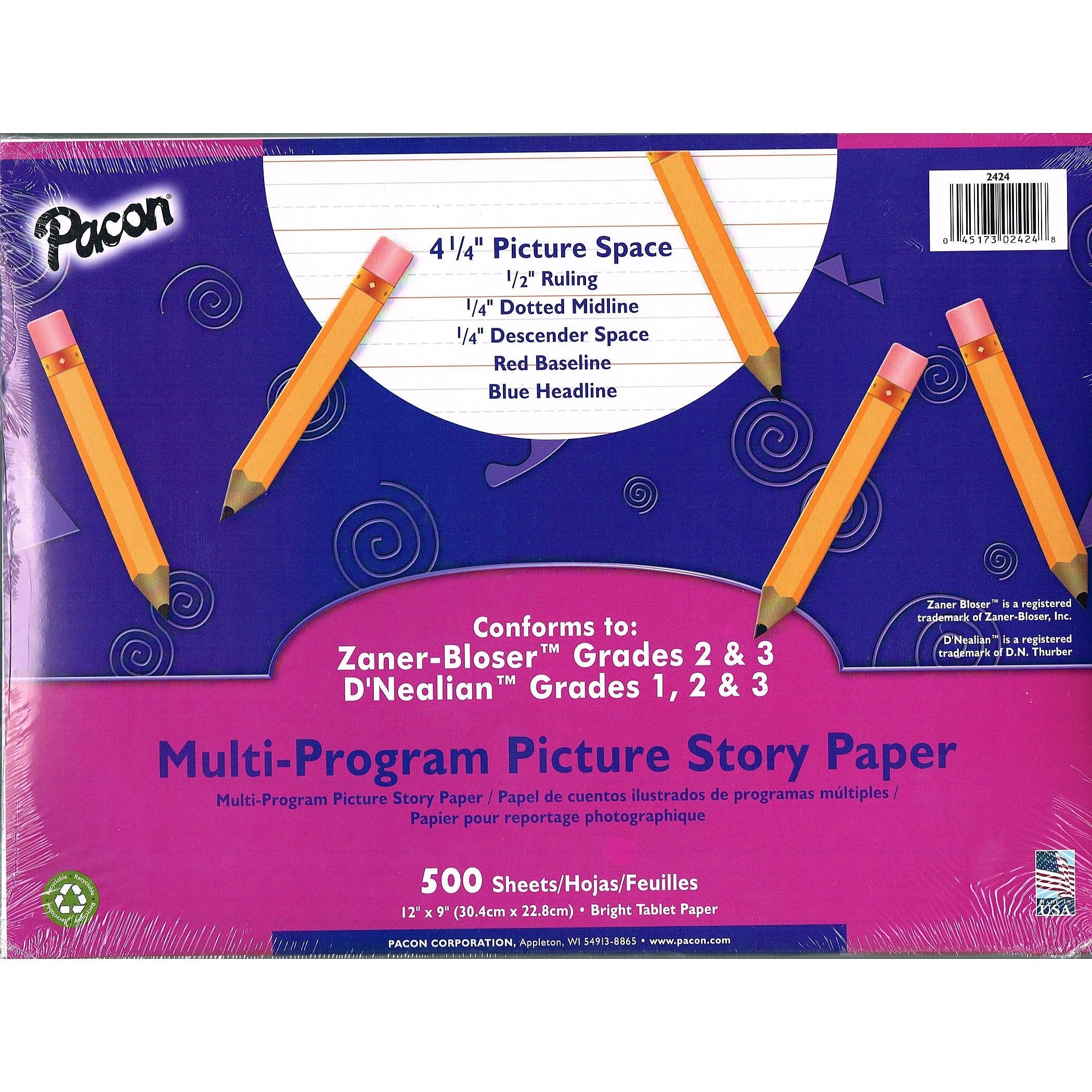 Pacon Picture Paper, 1/2" Ruled, 1/4" Dotted Line, 12" x 9", 500/PK