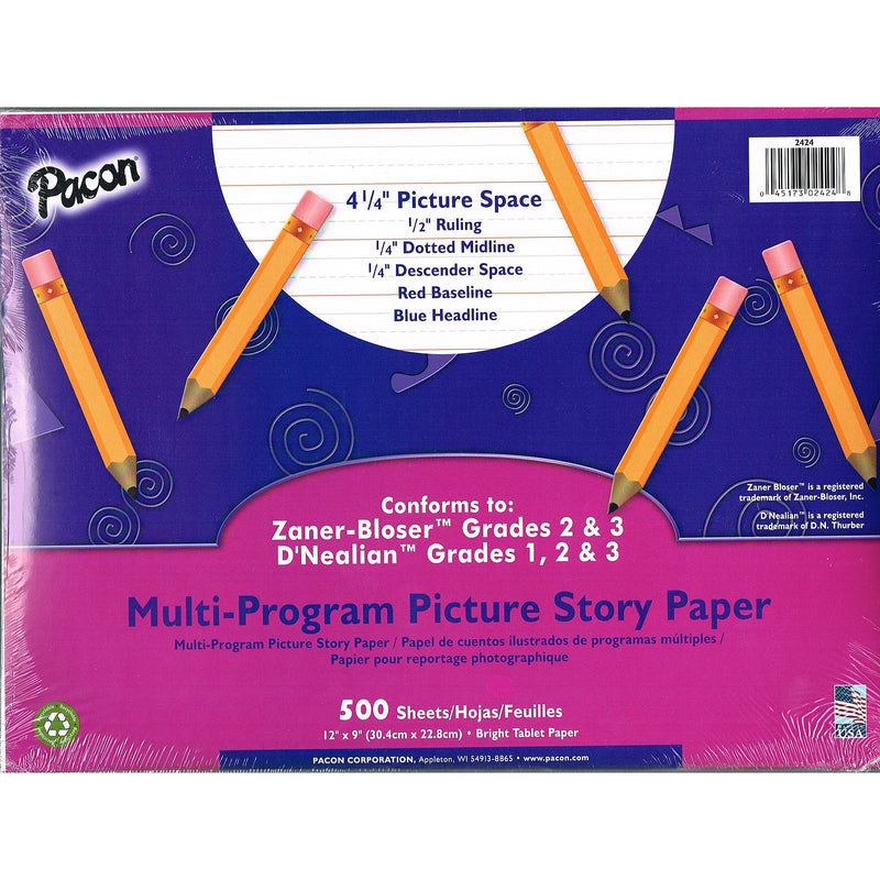 Pacon Picture Paper, 1/2" Ruled, 1/4" Dotted Line, 12" x 9", 500/PK