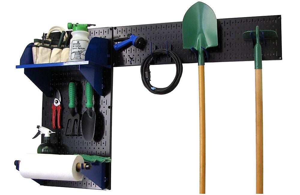 Wall Control Garden Tool Storage Organizer Pegboard Kit, Black Tool Board and Blue Accessories