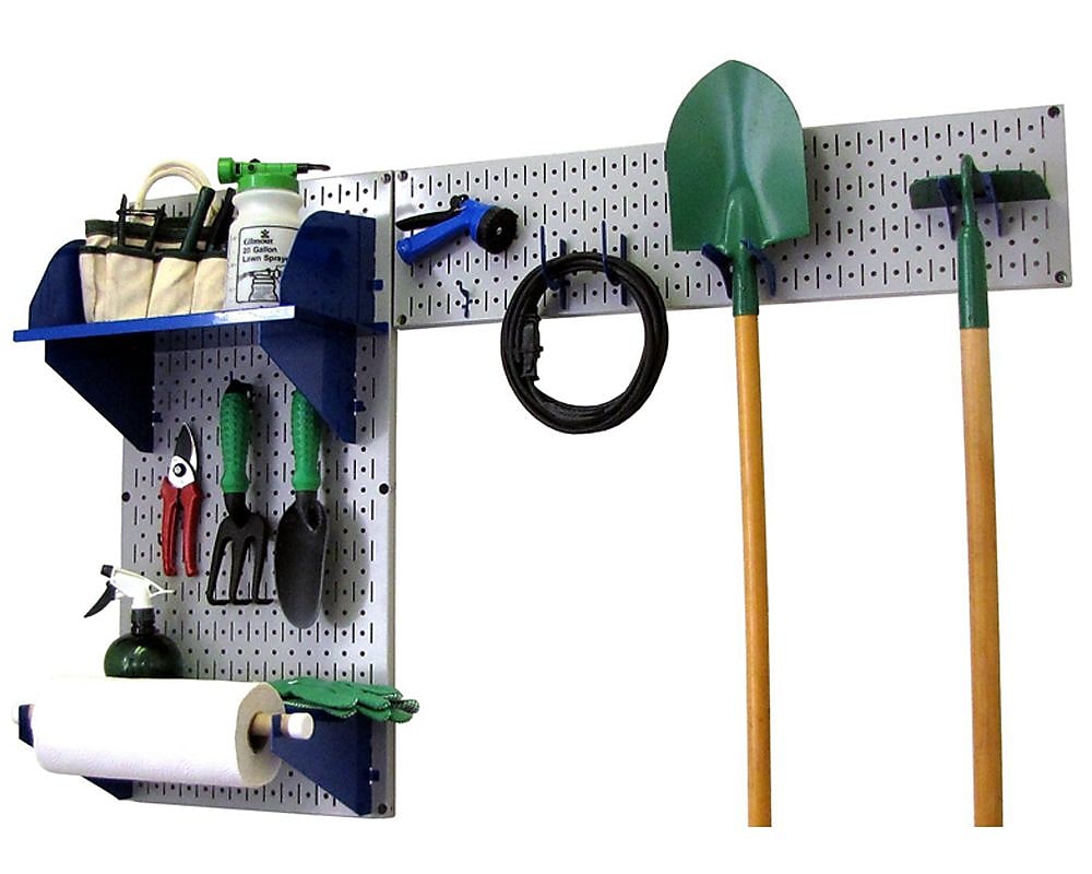 Wall Control Garden Tool Storage Organizer Pegboard Kit, Gray Tool Board and Blue Accessories