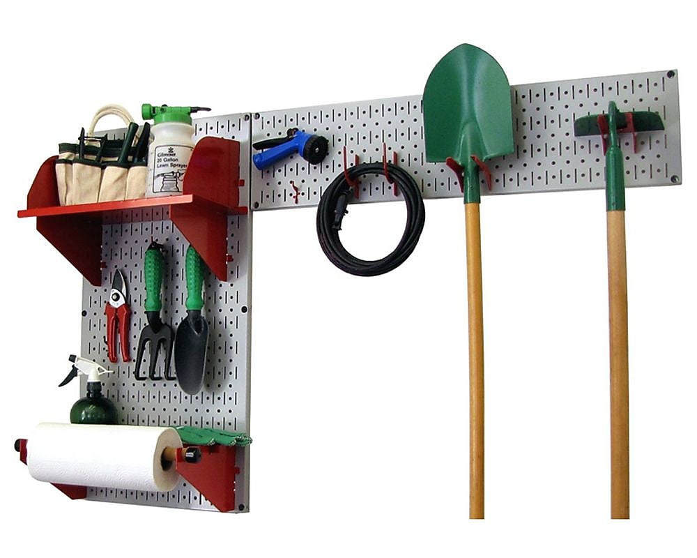 Wall Control Garden Tool Storage Organizer Pegboard Kit, Gray Tool Board and Red Accessories