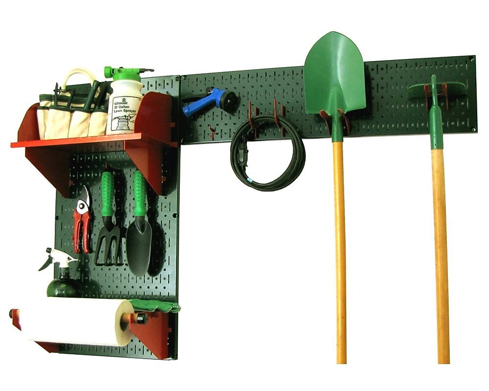 Wall Control Garden Tool Storage Organizer Pegboard Kit, Green Tool Board and Red Accessories