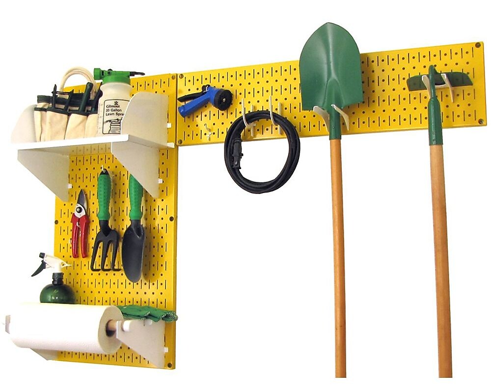 Wall Control Garden Tool Storage Organizer Pegboard Kit, Yellow Tool Board and White Accessories