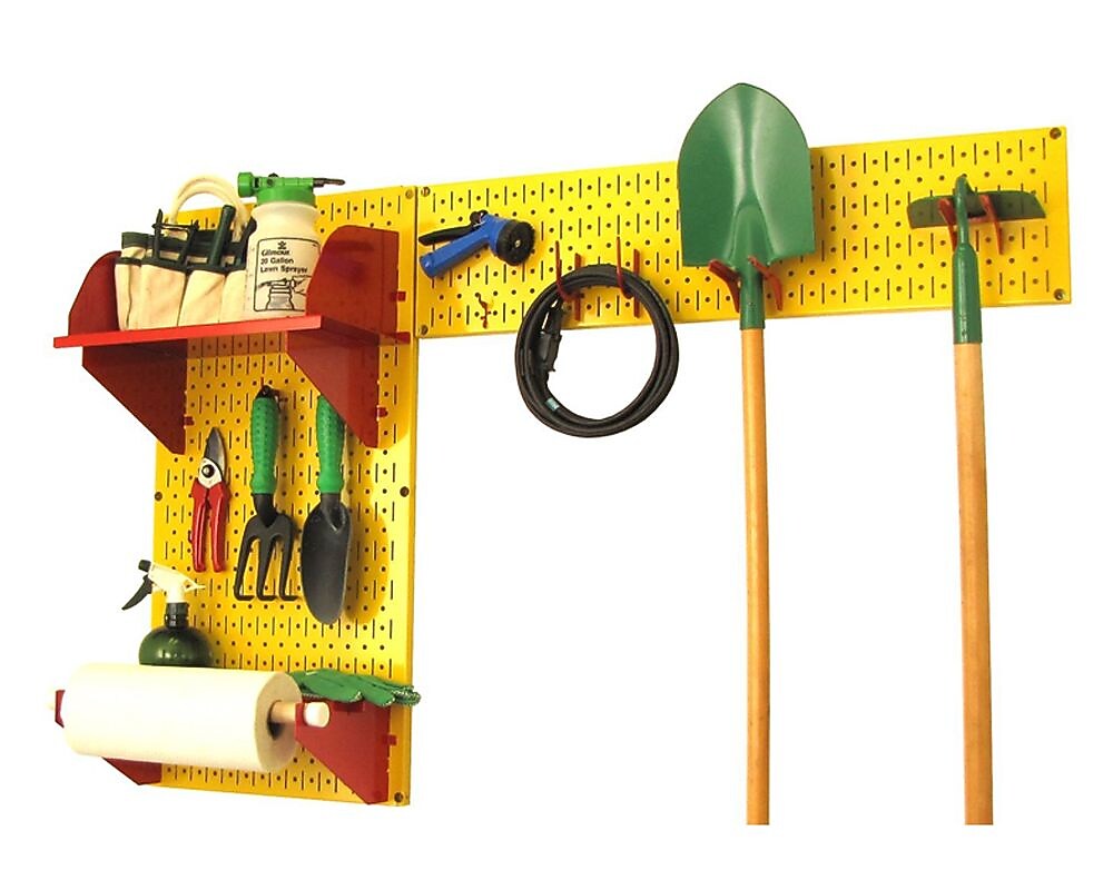 Wall Control Garden Tool Storage Organizer Pegboard Kit, Yellow Tool Board and Red Accessories