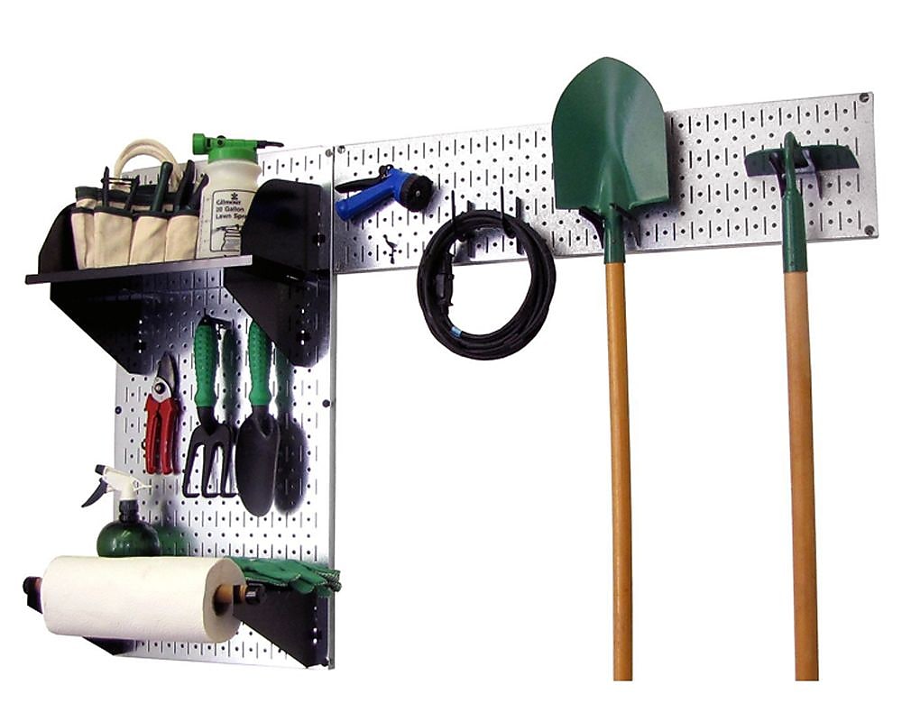 Wall Control Garden Tool Storage Organizer Pegboard Kit, Galvanized Tool Board and Black Accessories