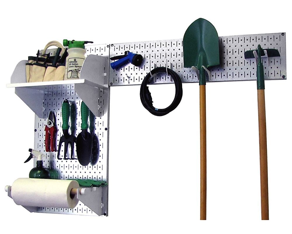 Wall Control Garden Tool Storage Organizer Pegboard Kit, Galvanized Tool Board and White Accessories