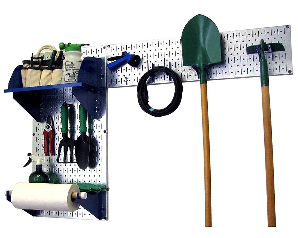 Wall Control Garden Tool Storage Organizer Pegboard Kit, Galvanized Tool Board and Blue Accessories