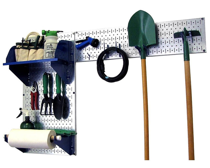 Wall Control Garden Tool Storage Organizer Pegboard Kit, Galvanized Tool Board and Blue Accessories