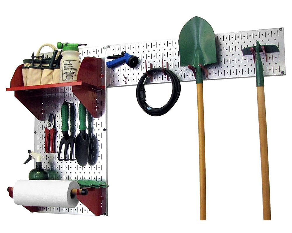 Wall Control Garden Tool Storage Organizer Pegboard Kit, Galvanized Tool Board and Red Accessories