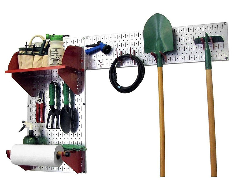 Wall Control Garden Tool Storage Organizer Pegboard Kit, Galvanized Tool Board and Red Accessories