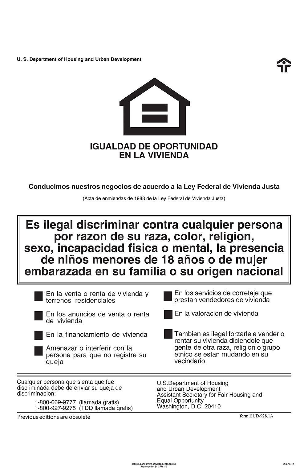 ComplyRight Federal Fair HUD Equal Housing Opportunity Spanish Poster (E8113)