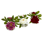Nearly Natural 4789 Peony with Glass Vase Set of 3 Floral Arrangements, Assorted