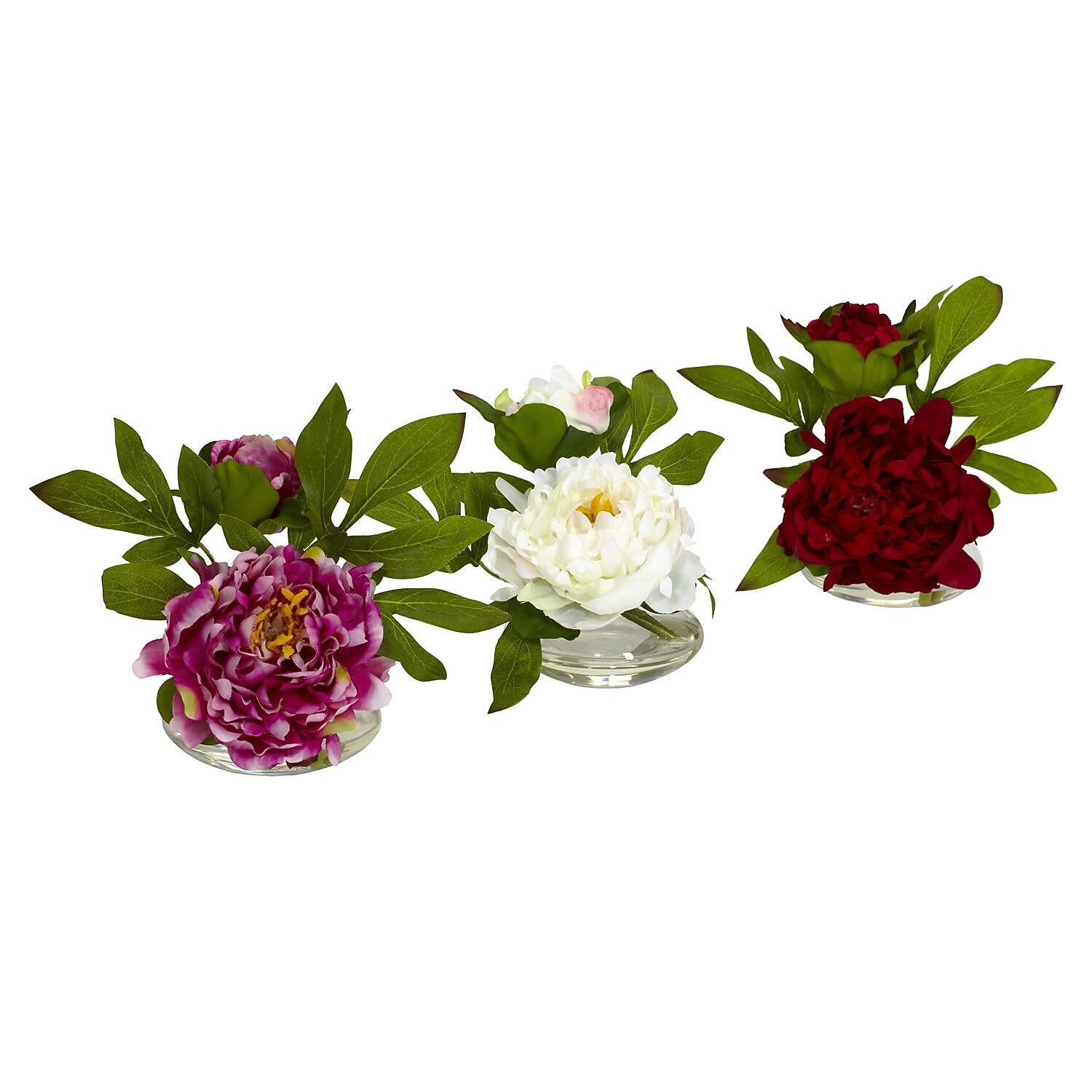 Nearly Natural 4789 Peony with Glass Vase Set of 3 Floral Arrangements, Assorted