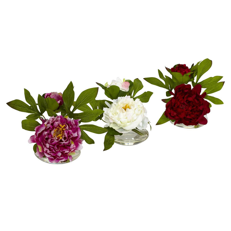Nearly Natural 4789 Peony with Glass Vase Set of 3 Floral Arrangements, Assorted