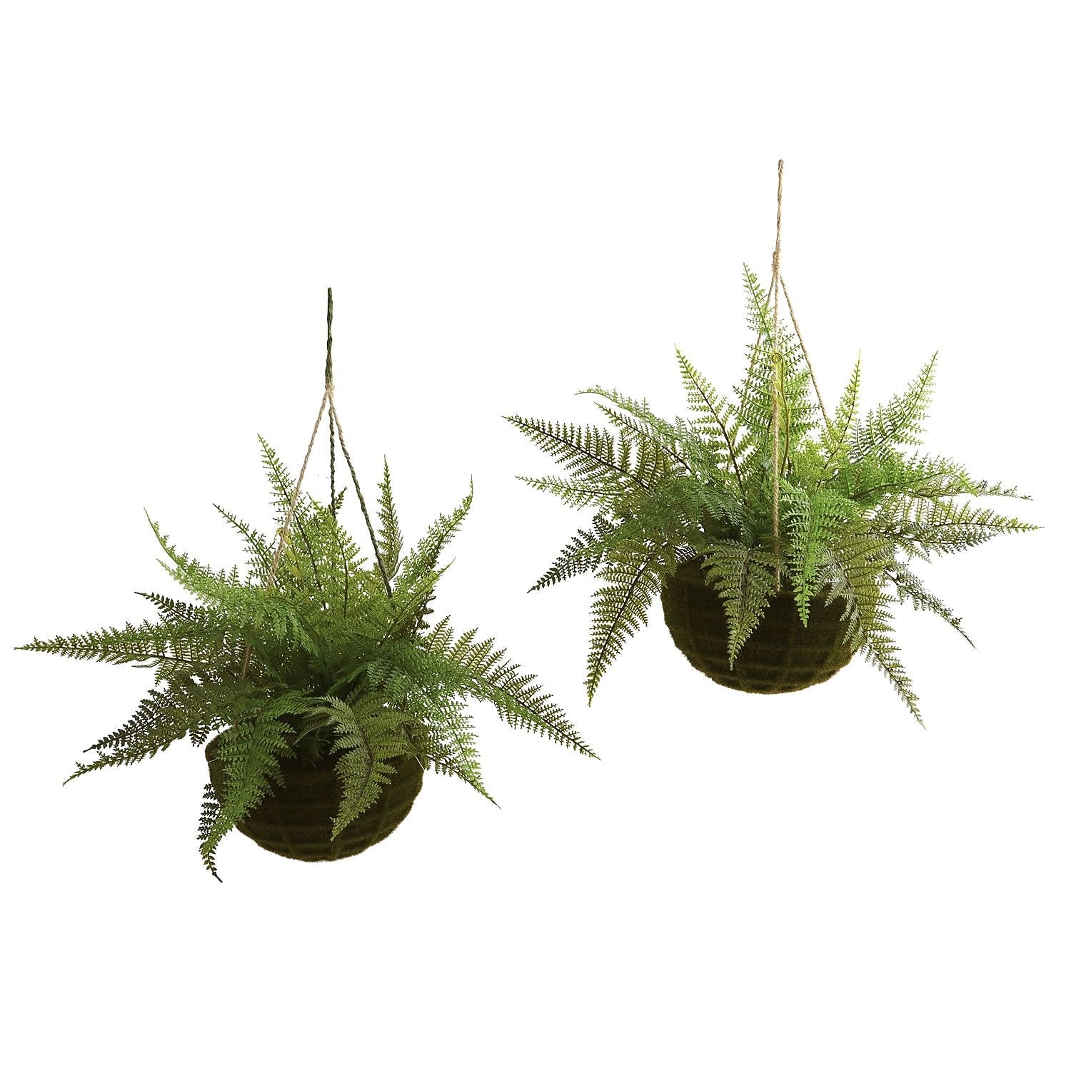Nearly Natural 6743 Leather Fern Set of 2 Hanging Plant in Basket