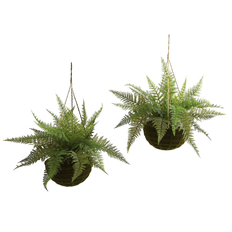 Nearly Natural 6743 Leather Fern Set of 2 Hanging Plant in Basket