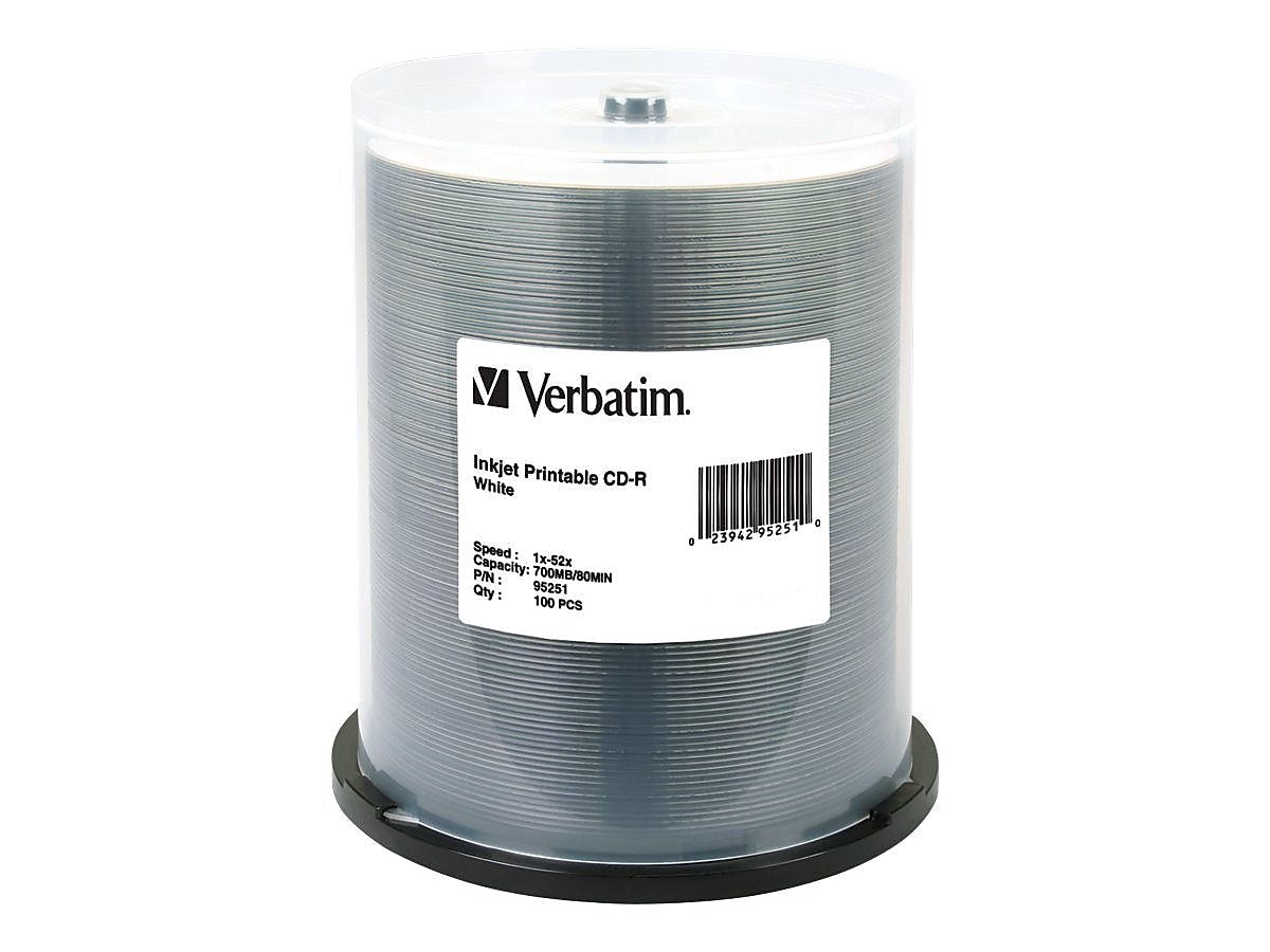 Verbatim 95251 52x CD-R, White Inkjet Printable, 100/Pack