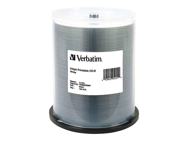 Verbatim 95251 52x CD-R, White Inkjet Printable, 100/Pack