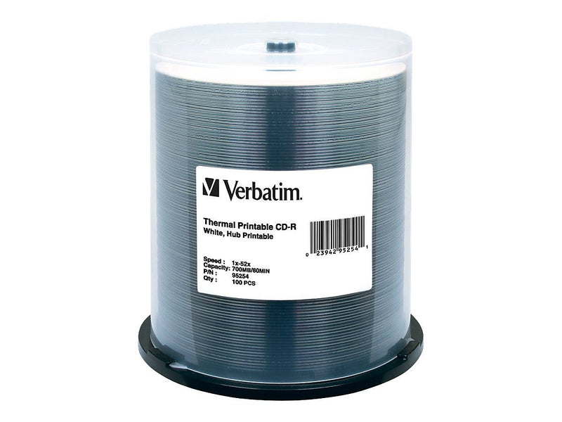 Verbatim 95254 52x CD-R, White Hub, Thermal Printable, 100/Pack