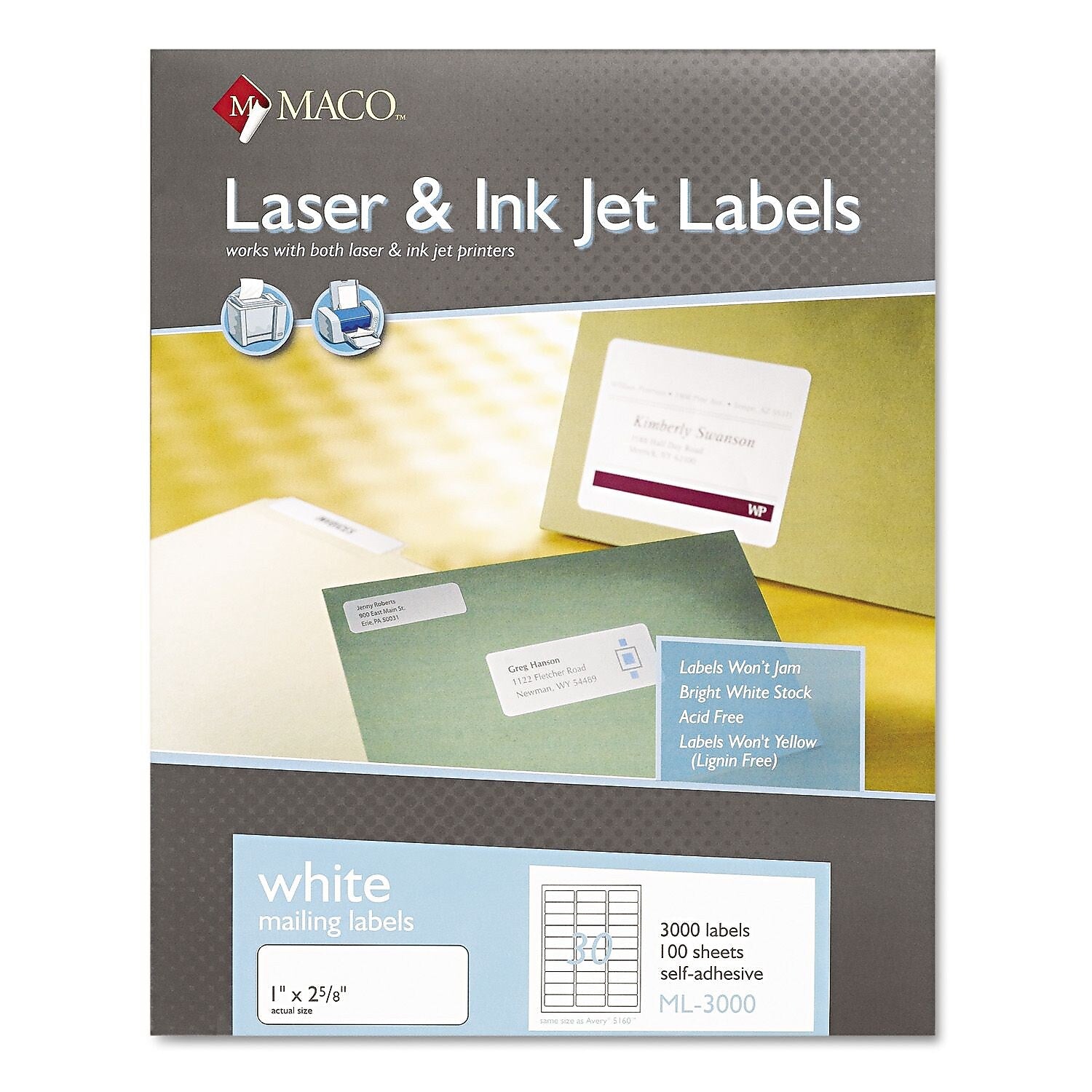 Maco All Purpose Labels, 1" x 2.63", White, 3000/Box (PICML3000)