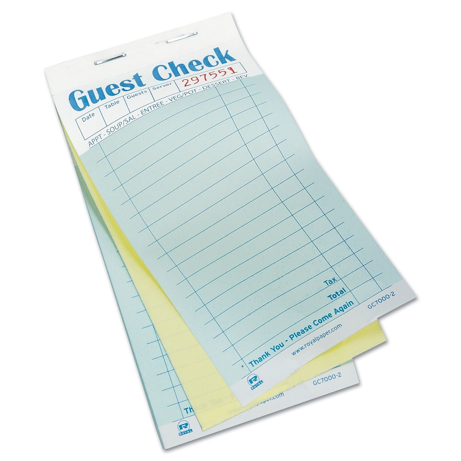 Royal Guest Check Book, Carbonless Duplicate, Multicolored, 2500/Box (RPP GC7000-2)