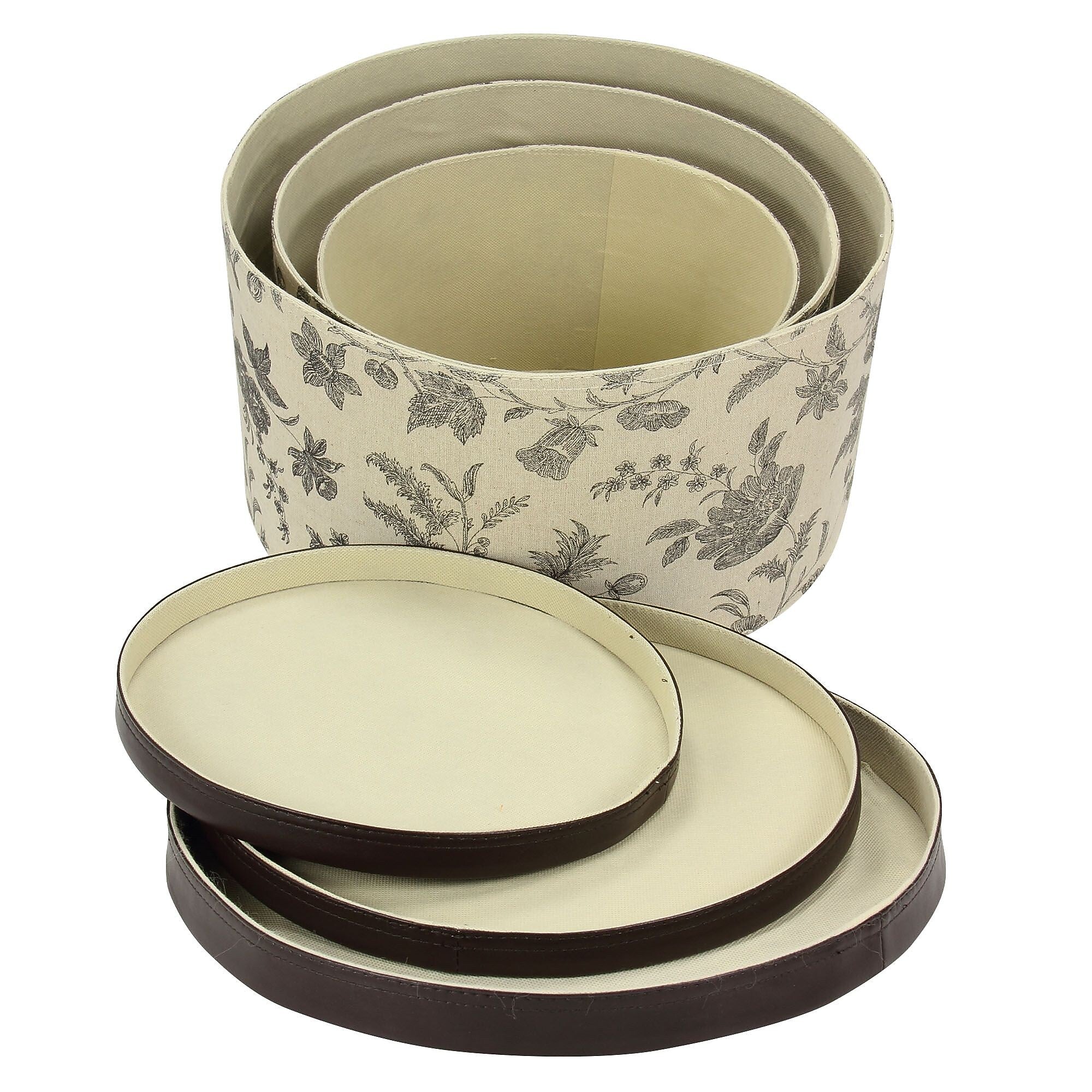 Household Essentials Hat Box Set with Faux Leather Lids, Floral (619-1)