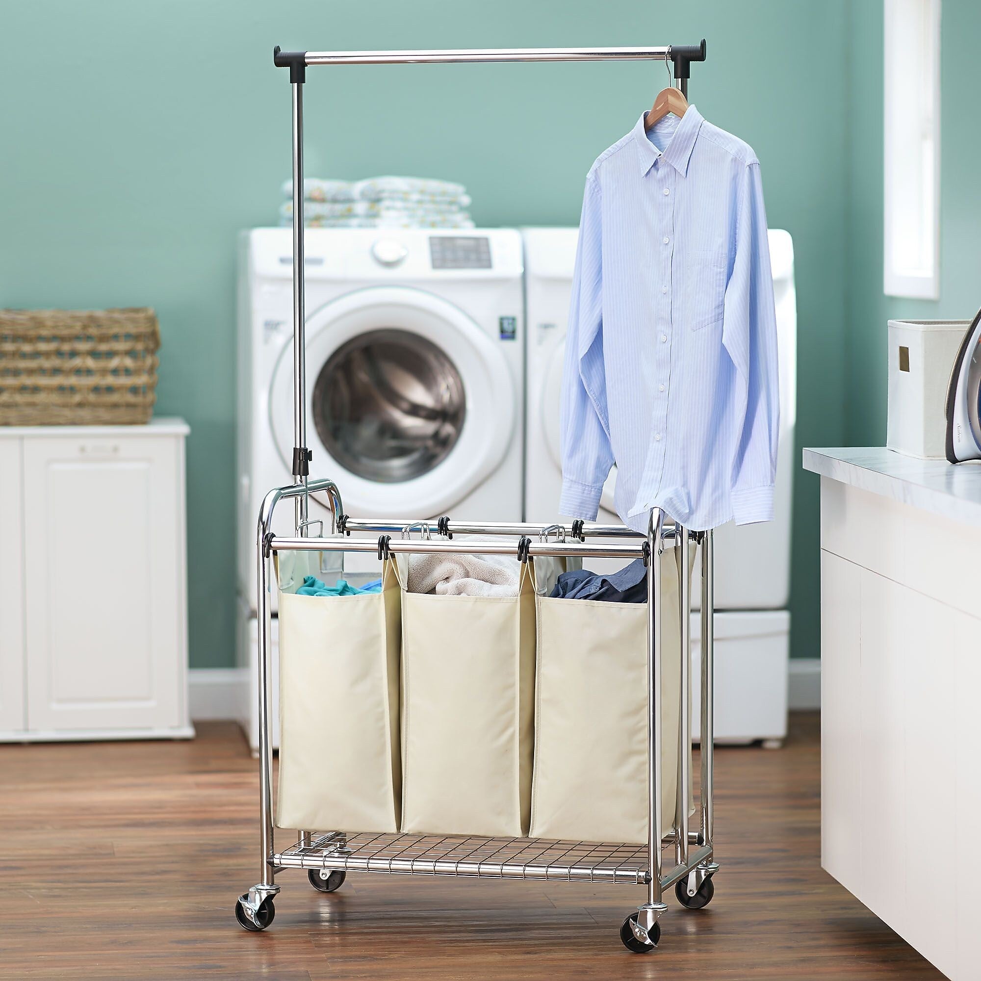 Household Essentials 3-Section Rolling Laundry Sorter, Chrome (6023-1)