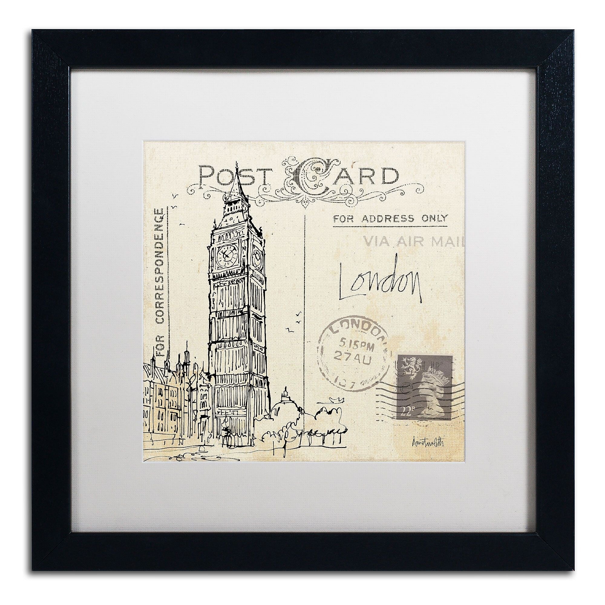 Trademark Fine Art WAP0091-B1616MF Postcard Sketches II by Anne Tavoletti 16x16 FRM Art, WHT MTD