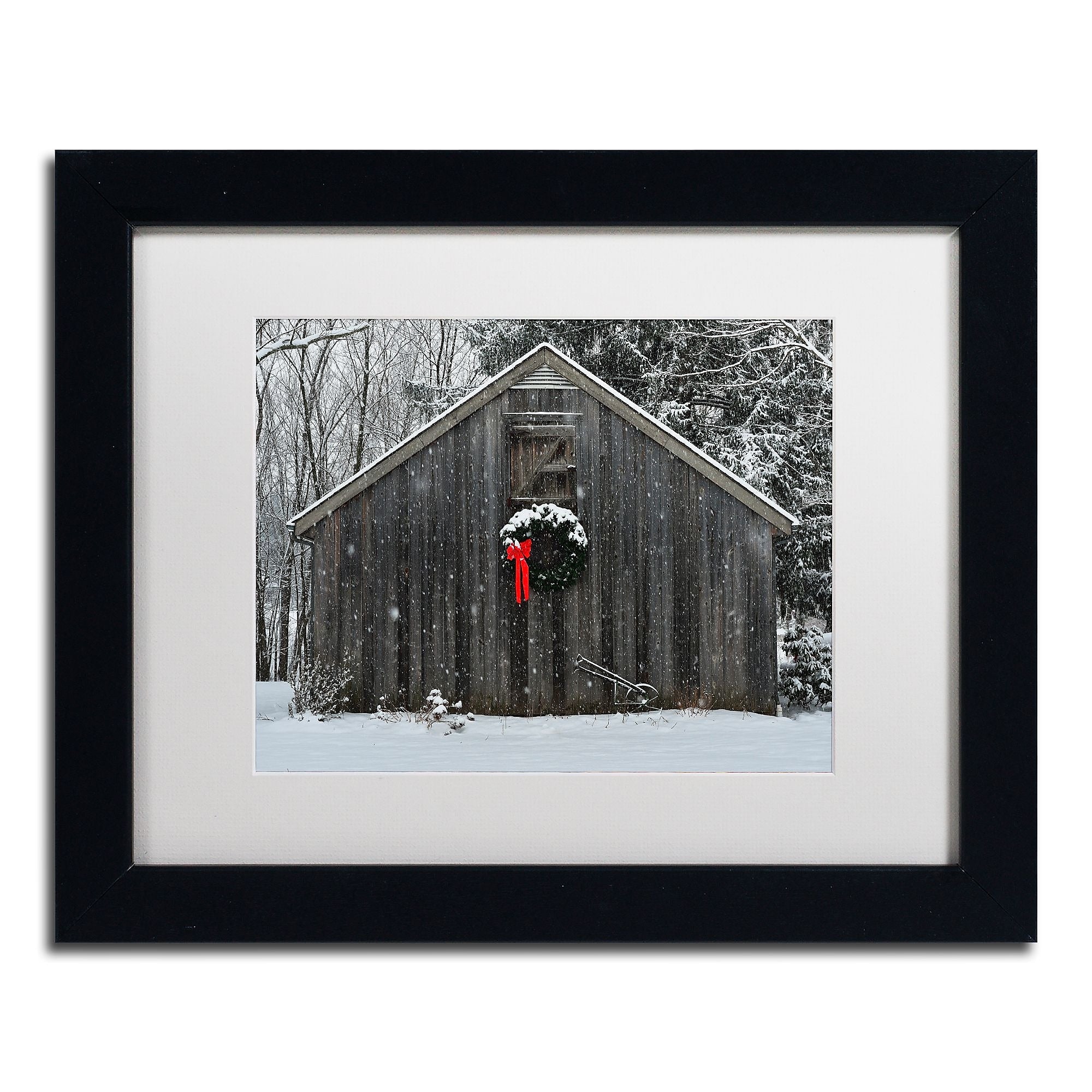 Trademark Fine Art KS0161-B1114MF Christmas Barn in the Snow by Kurt Shaffer 11x14 FRM Art, WHT MTD