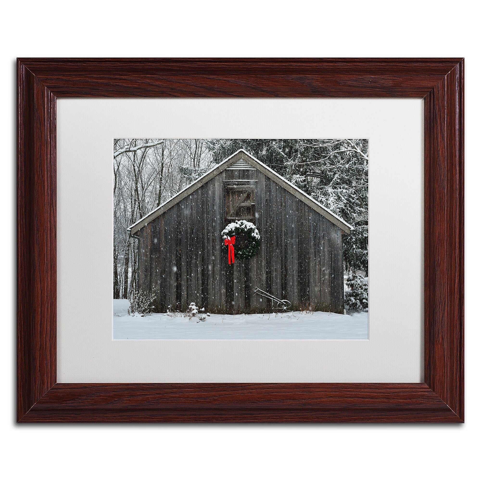 Trademark Fine Art KS0161-W1114MF Christmas Barn in the Snow by Kurt Shaffer 11x14 FRM Art, WHT MTD