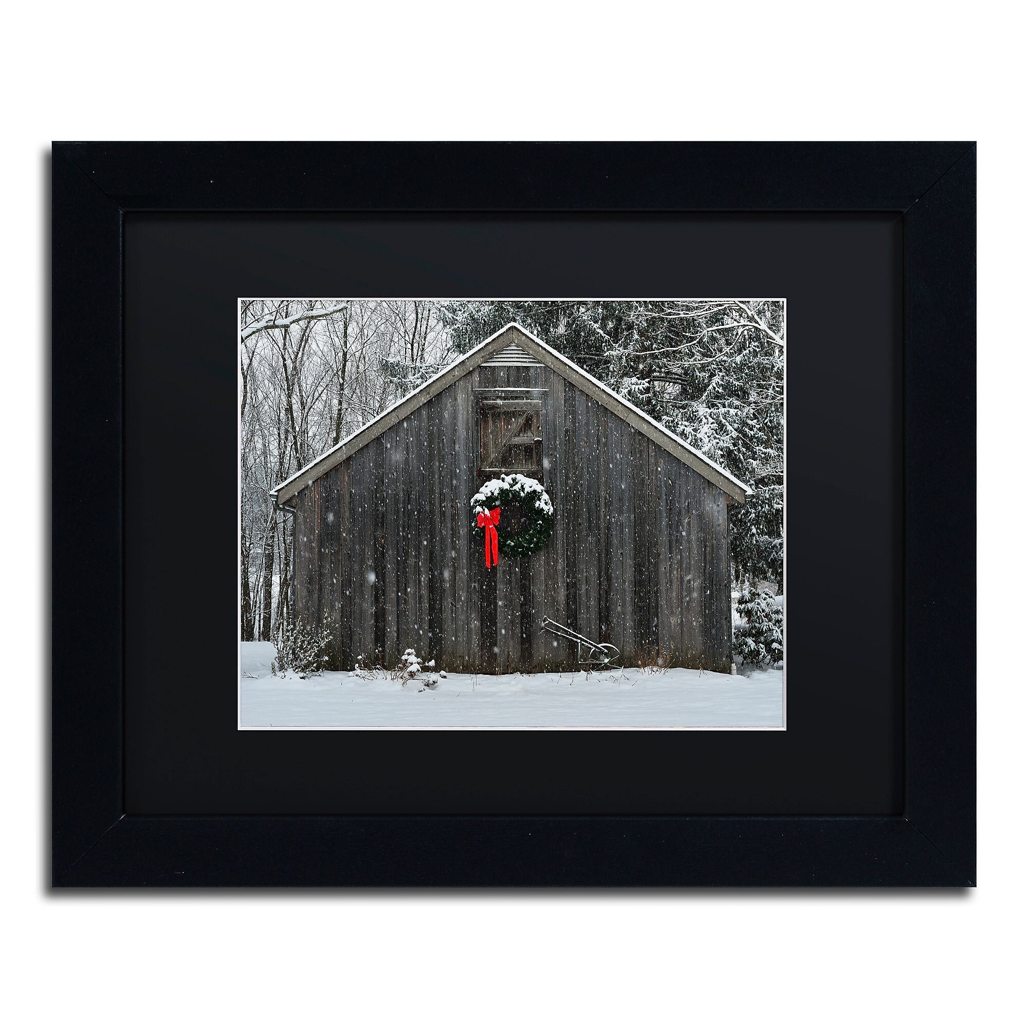 Trademark Fine Art KS0161-B1114BMF Christmas Barn in the Snow by Kurt Shaffer 11x14 FRM Art, BLK MTD