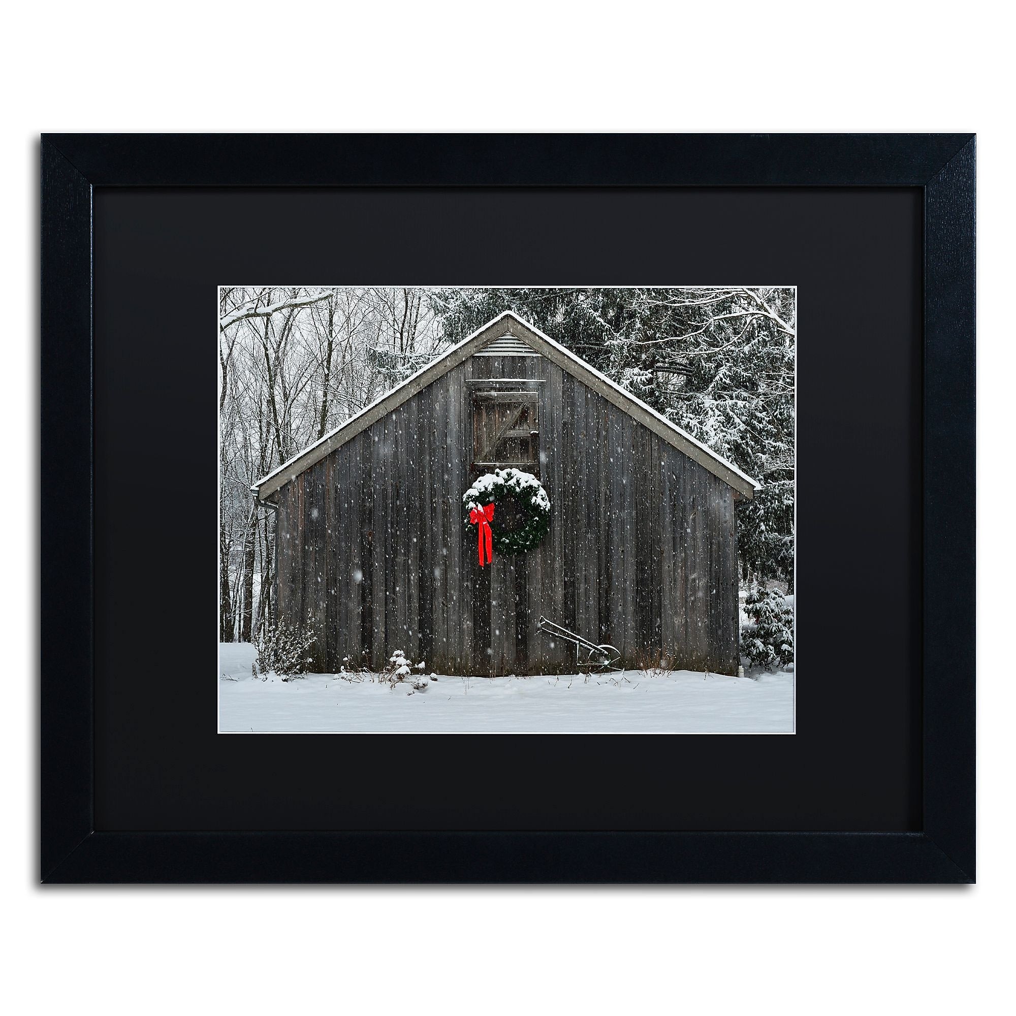 Trademark Fine Art KS0161-B1620BMF Christmas Barn in the Snow by Kurt Shaffer 16x20 FRM Art, BLK MTD