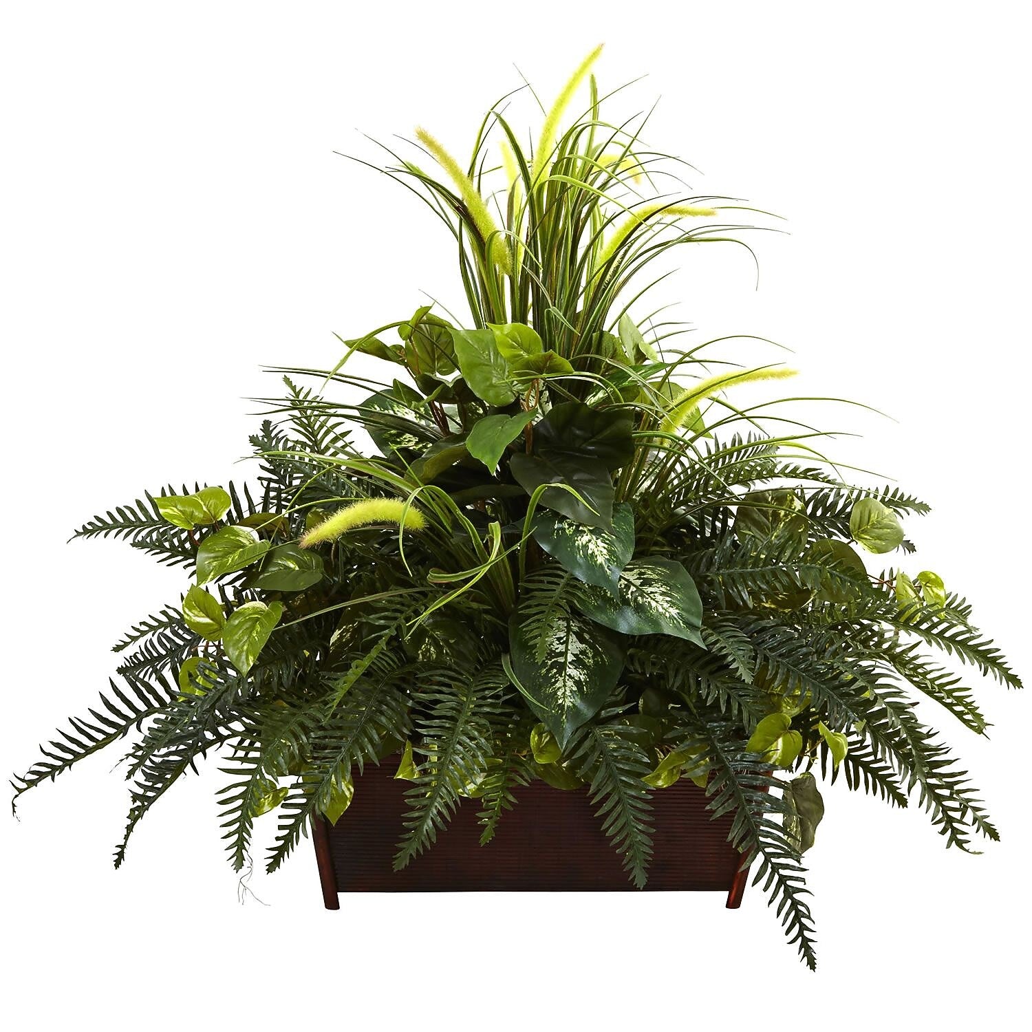 Nearly Natural 6792 Mixed Grass & River Fern with Wood Planter 36 x 37 inch