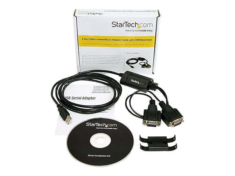 StarTech 6' USB 2.0 2-Port FTDI Type A Male To DB9 Male RS232 Serial Adapter Cable, Black
