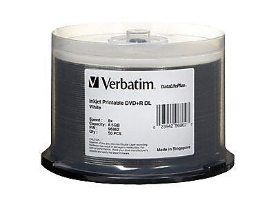Verbatim DataLifePlus 98319 8x DVD+R, White Hub, Inkjet Printable, 50/Pack