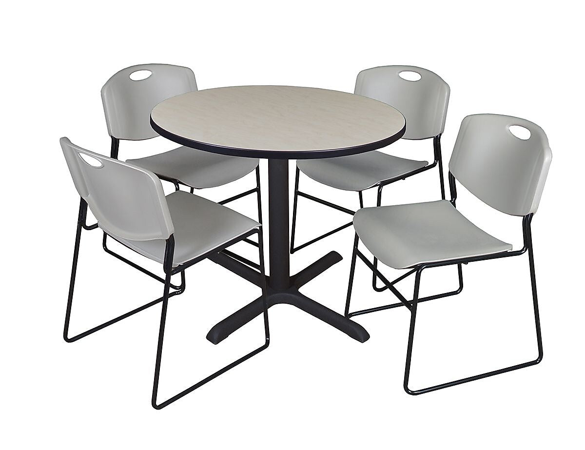 Regency Seating Cain 42" Round Breakroom Table- Maple & 4 Zeng Stack Chairs- Grey