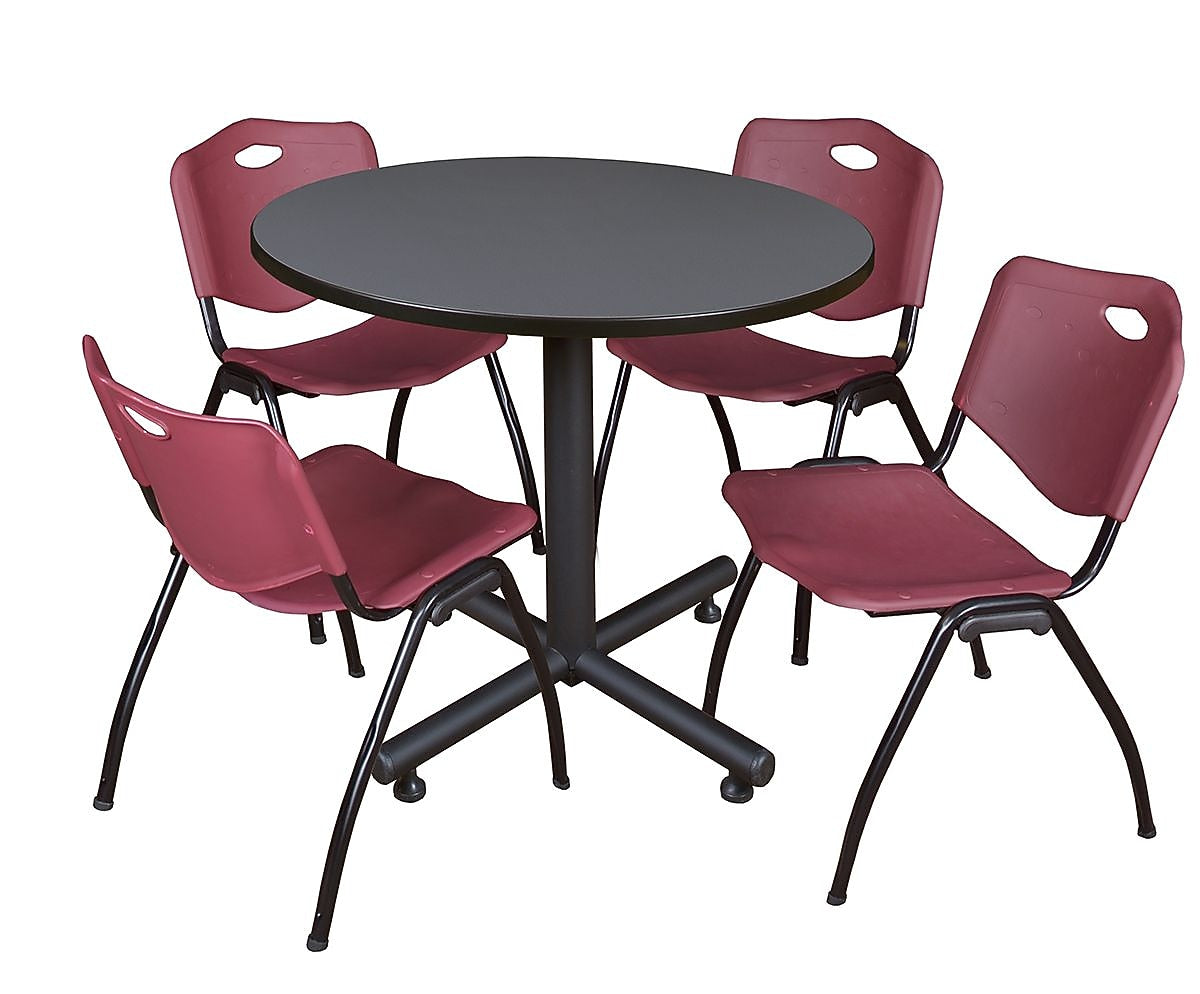 Regency 42" Laminate Round Table with 4 M Stacker Chairs, Burgundy and Gray (TKB42RNDGY47BY)