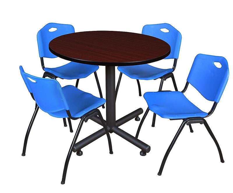 Regency 42-inch Round Laminate Mahogany Training Rooms Table With 4 M Stacker Chairs, Blue (TKB42RNDMH47BE)