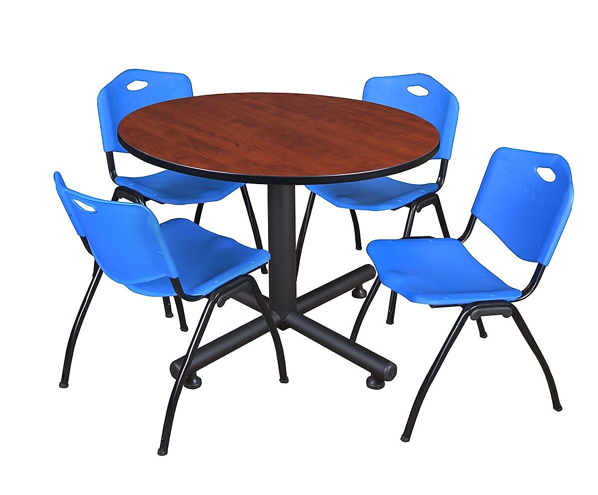 Regency 48" Round Table Cherry & Kobe Base with 4-M Stacker Chairs, Blue TKB48RNDCH47BE)