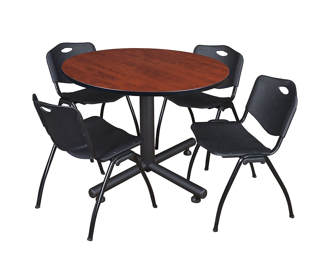 Regency 48" Cherry and Kobe Based Round Table with 4 M Stacker Chairs, Black (TKB48RNDCH47BK)
