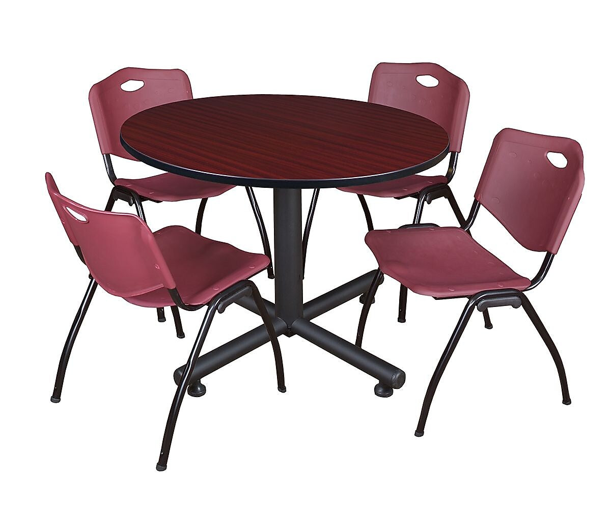 Regency 48-inch Round Laminate Lunch Room Table With 4 M Stacker Chairs, Burgundy (TKB48RNDMH47BY)