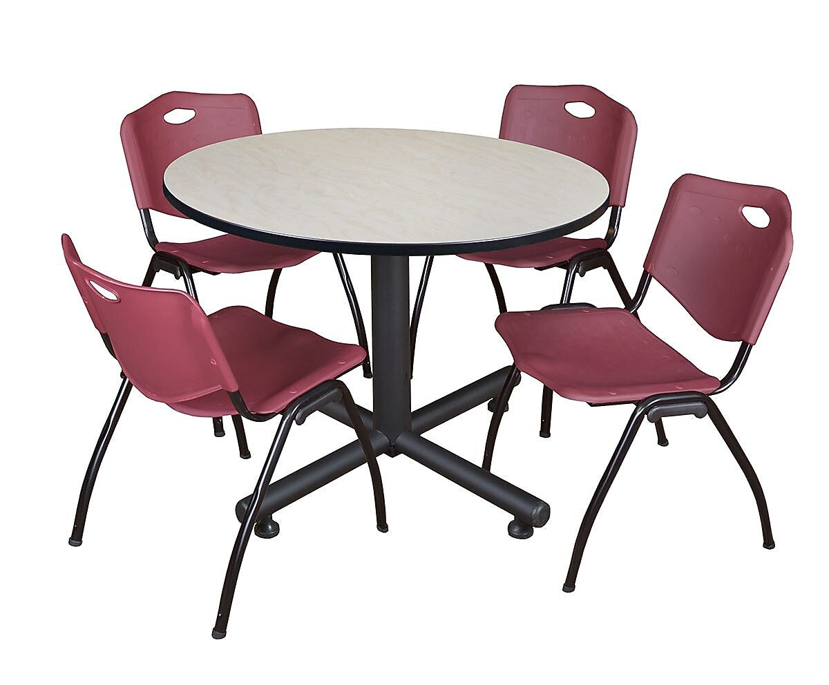 Regency Seating Kobe 48" Round Breakroom Table- Maple & 4 'M' Stack Chairs- Burgundy (TKB48RNDPL47BY)