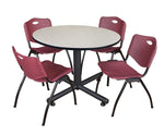 Regency Seating Kobe 48" Round Breakroom Table- Maple & 4 'M' Stack Chairs- Burgundy (TKB48RNDPL47BY)