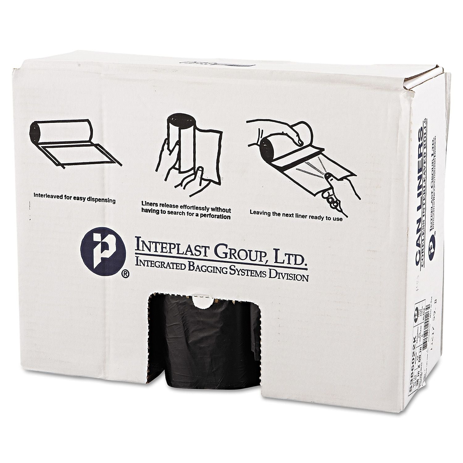 Inteplast Commercial Can Liners, 60 Gallon, 22 microns, Black, 38 x 60, 150/Ct