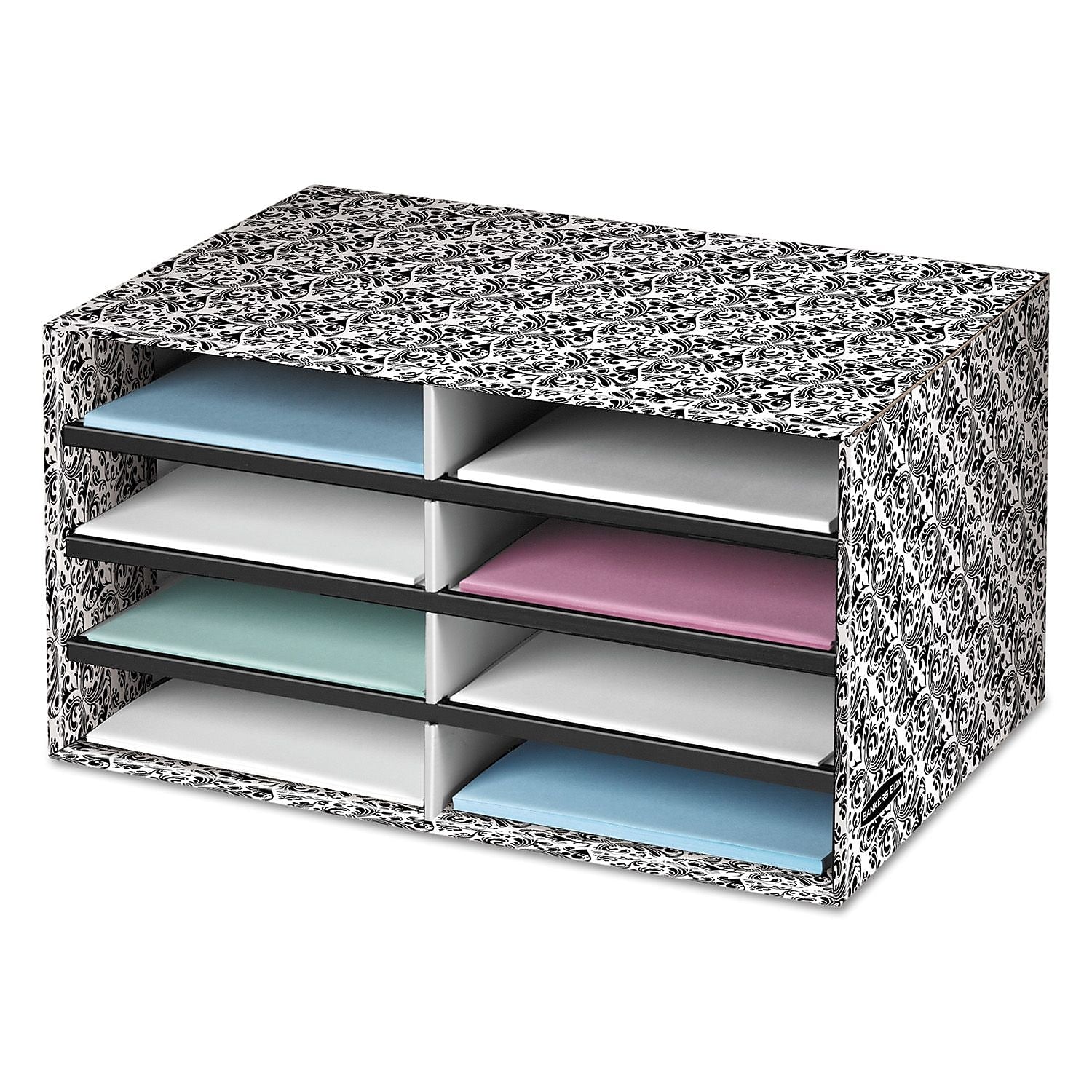 Decorative Eight Compartment Literature Sorter, Letter Size, White/Black Brocade